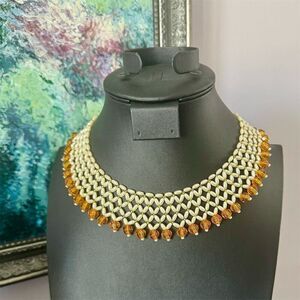 Gold Tone Mesh Choker Necklace with Amber Beads Adjustable Clasp